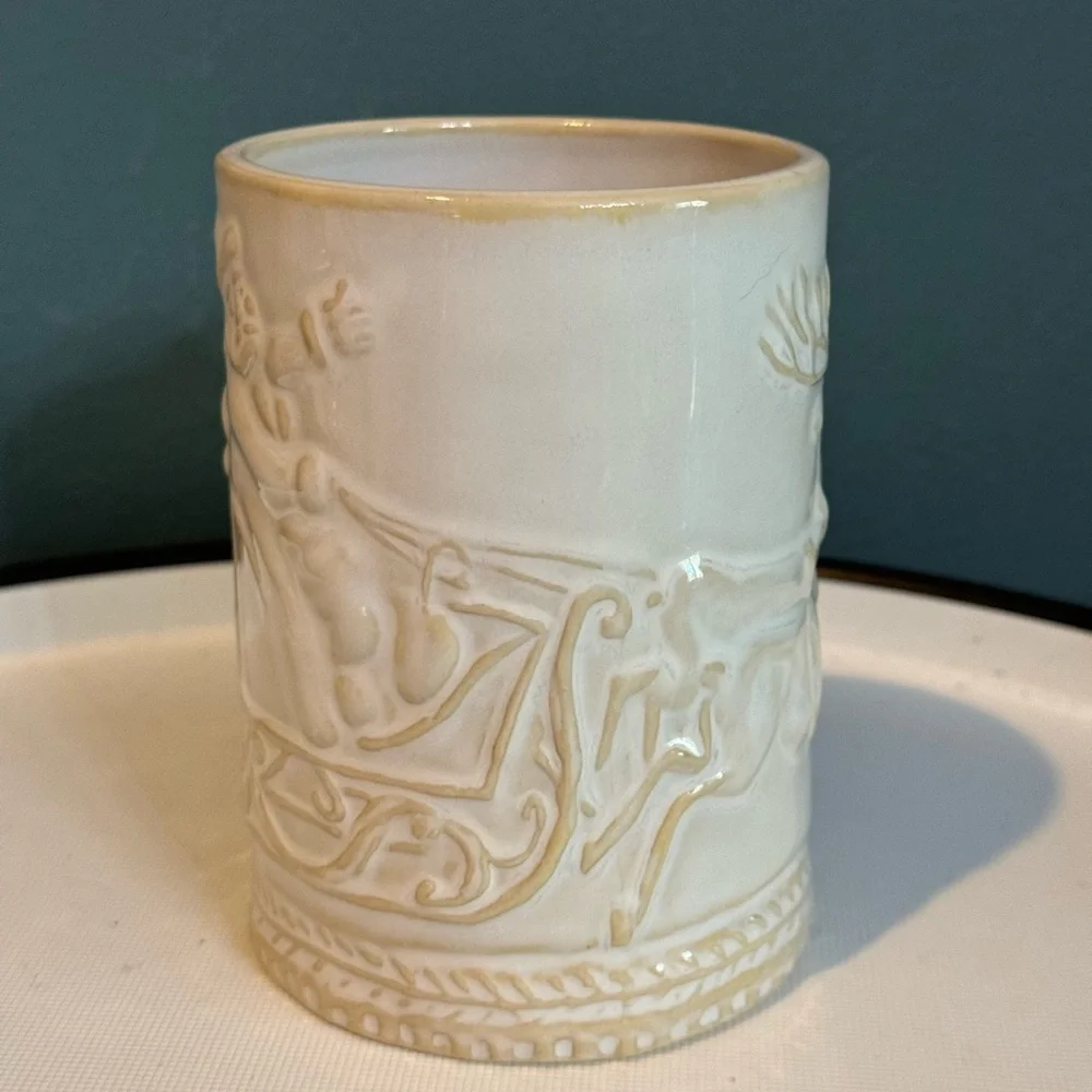 Williams Sonoma Winter Santa and Reindeer Sleigh Embossed Ivory Mug Christmas